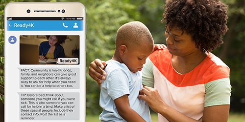 mom and son next to image of cell phone with text message