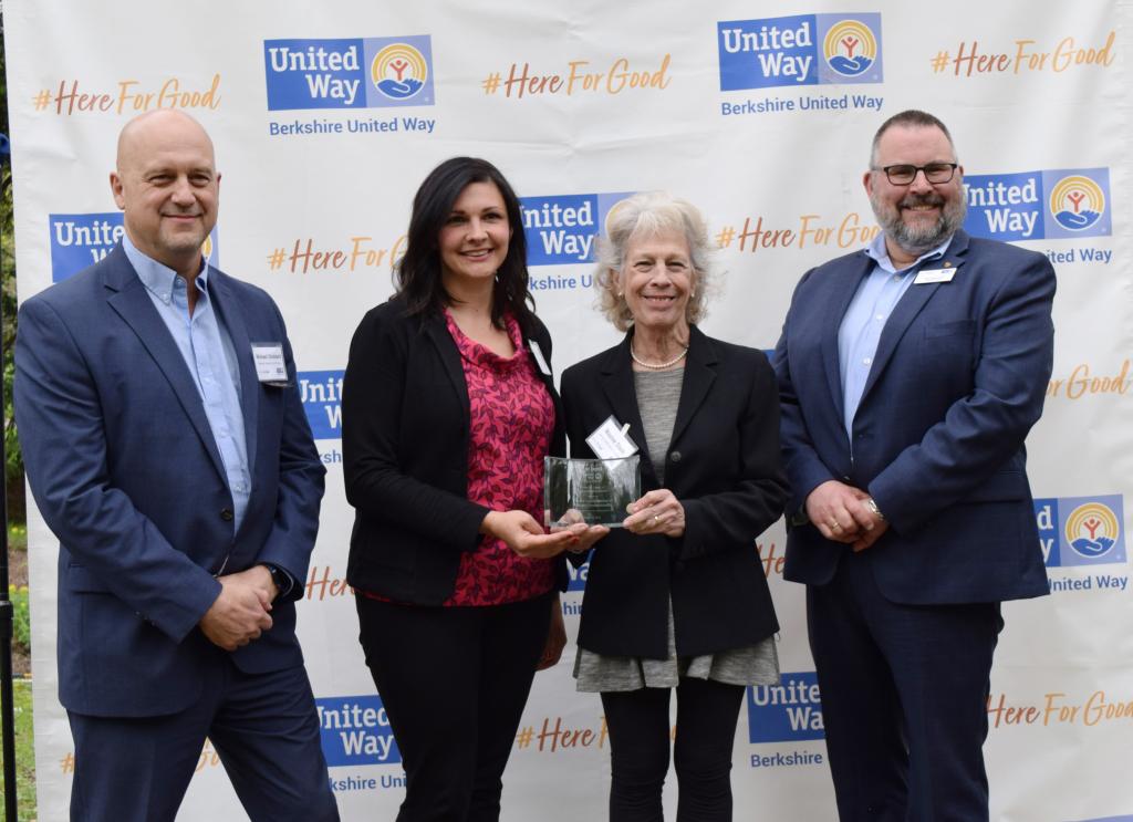 Mike Stoddard, left, and Tom Bernard, right, with Gabriela Sheehan and Maxine Stein of the Jewish Family Service of Western Massachusetts