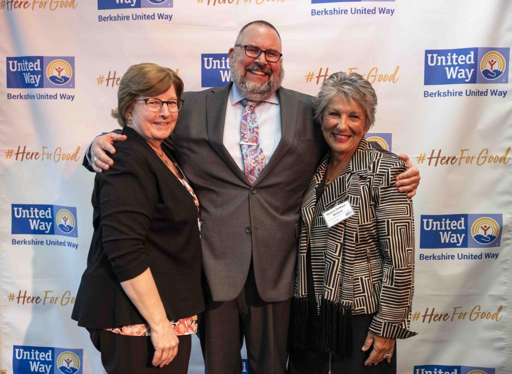 Kelly McCarthy, left, and Sharon DeMyer-Nemser, Northern Berkshire United Way board members, with Tom Bernard