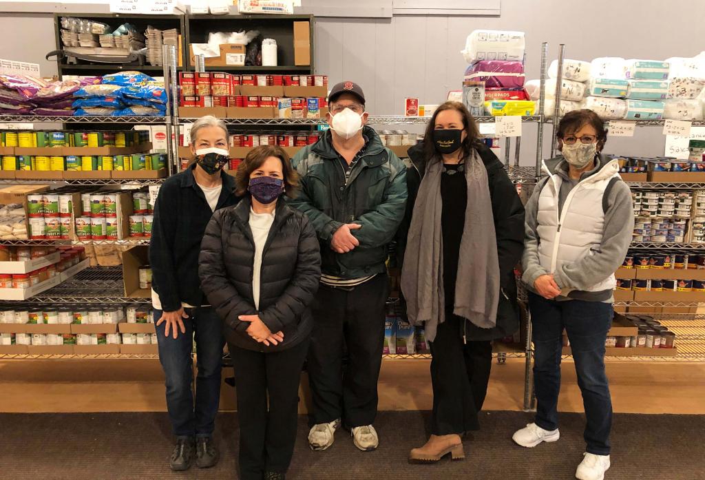 Fran Berasi (food pantry board member and volunteer), Christa Collier (NBUW), Mark Rondeau (pantry co-founder and president), Candace Winkler (BUW) and Patti Messina (NBUW)